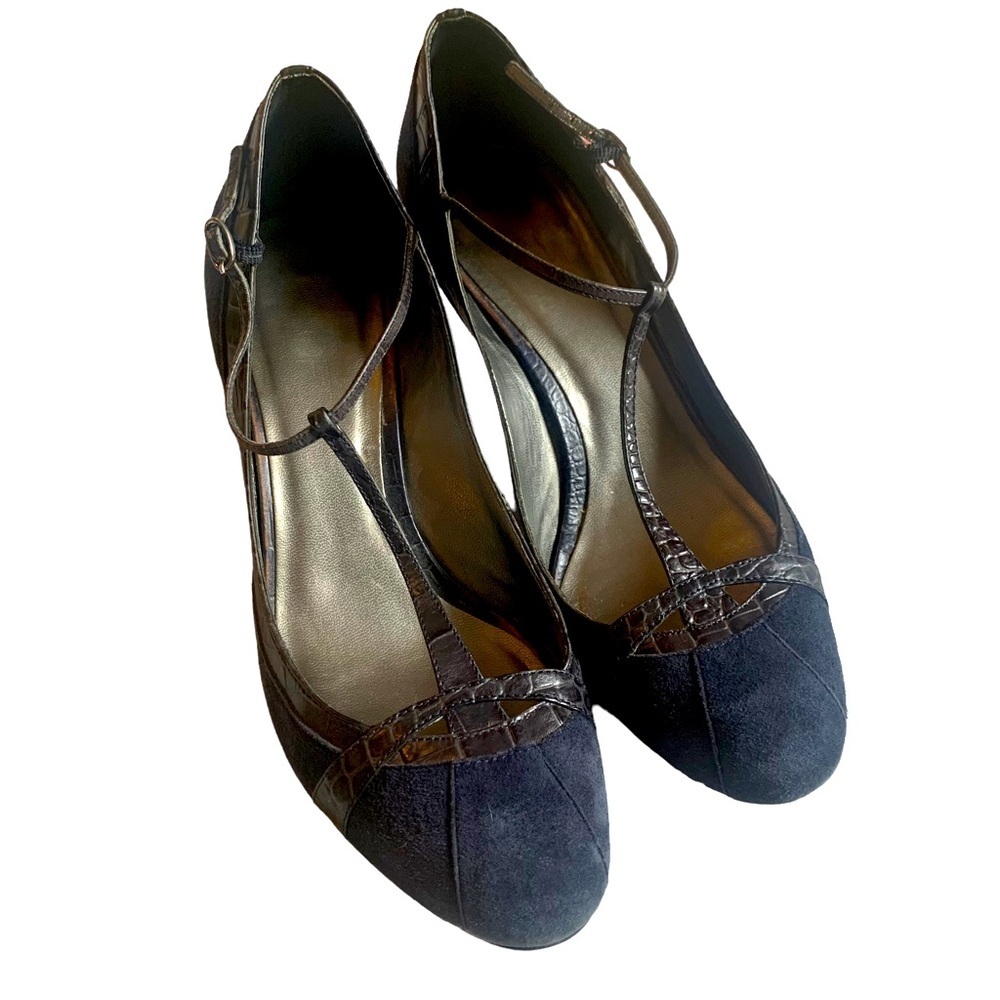Ann Taylor Loft Sydney T-Strap Navy Blue Suede Vintage Style Heels Sz 8